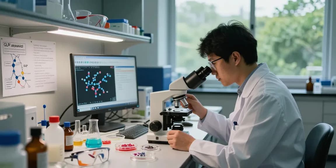 GLP receptor agonist research peptides examined by a scientist in a lab environment, showcasing innovation in biotechnology.