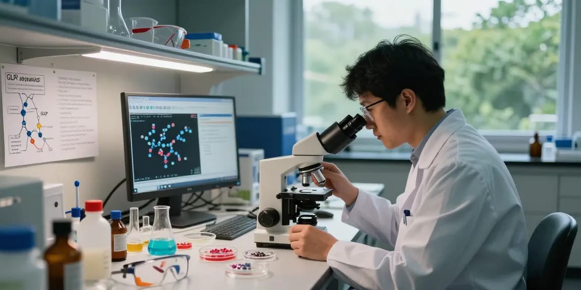 GLP receptor agonist research peptides examined by a scientist in a lab environment, showcasing innovation in biotechnology.