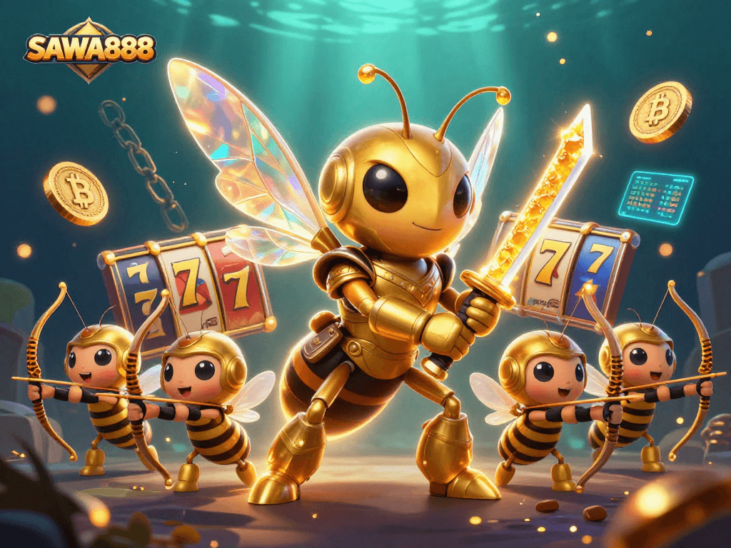 Engage with SAWA888's vibrant slots and cryptocurrencies in this dynamic illustration.