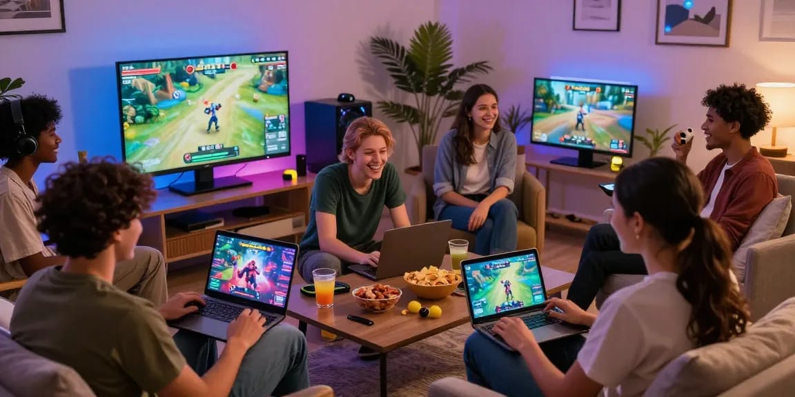 Friends playing free porn games in a cozy living room, enjoying snacks and drinks.