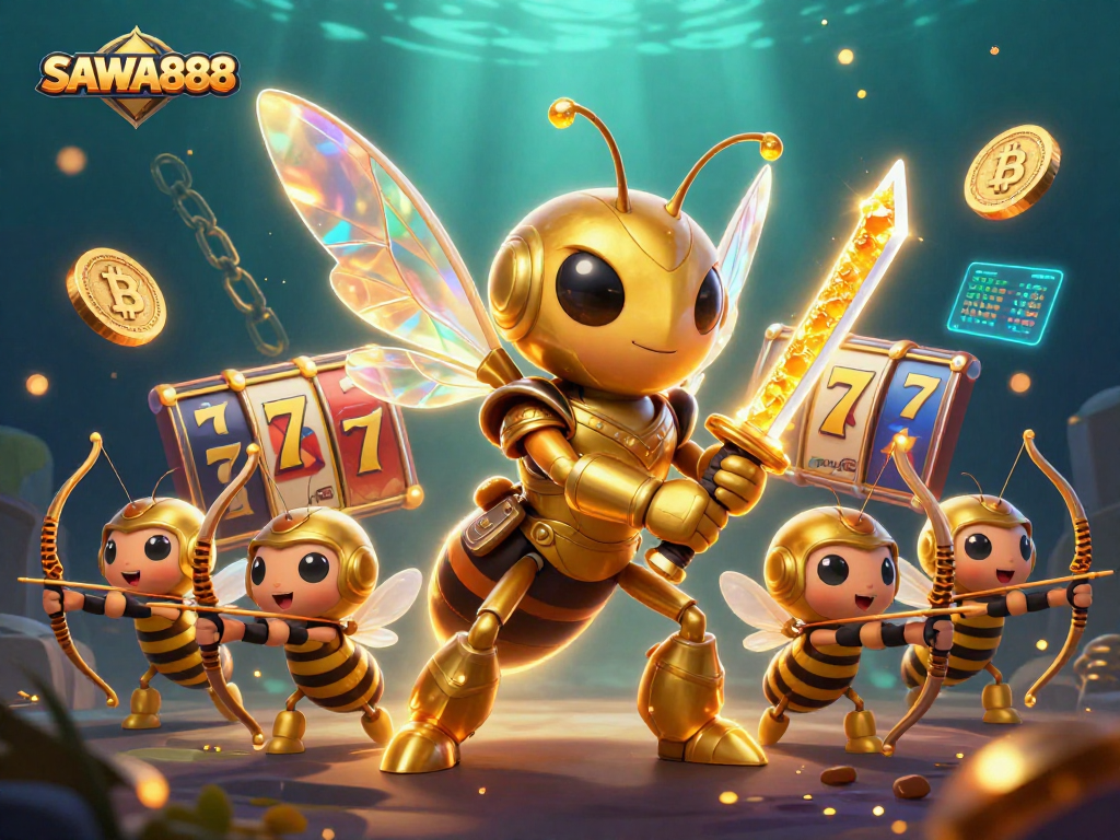 Engage with SAWA888's vibrant slots and cryptocurrencies in this dynamic illustration.