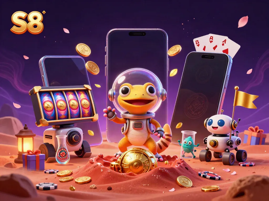 Engage with the vibrant S8 casino scene featuring a Martian gecko and colorful slot games.