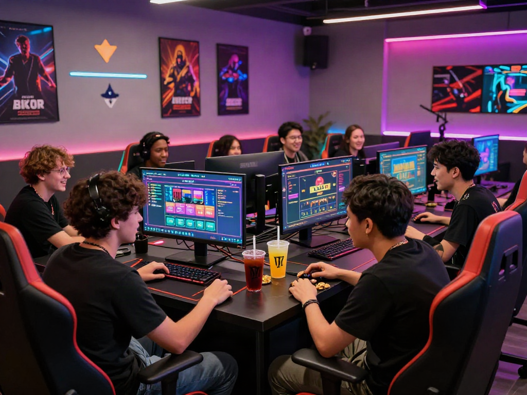 Group discussing 토토사이트 검증 먹튀스팟 in a vibrant gaming lounge.
