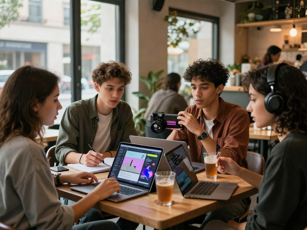 Group discussing sex ai technologies in a modern café setting, showcasing collaboration and innovation.