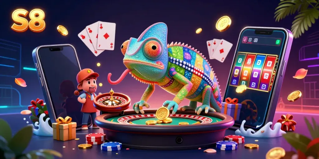 Experience multiplayer casino fun with S8 in a vibrant 3D digital illustration.