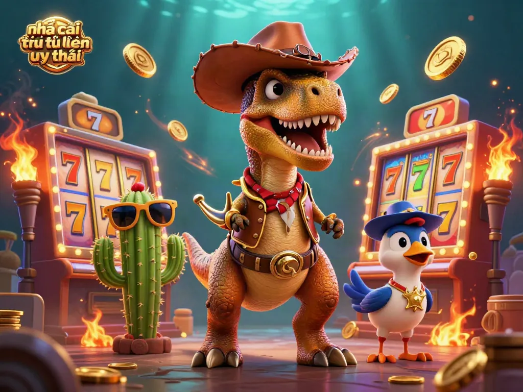Engage with nhà cái trực tuyến uy tín while enjoying a vibrant 3D cartoon casino scene filled with slots, jackpots, and playful characters.