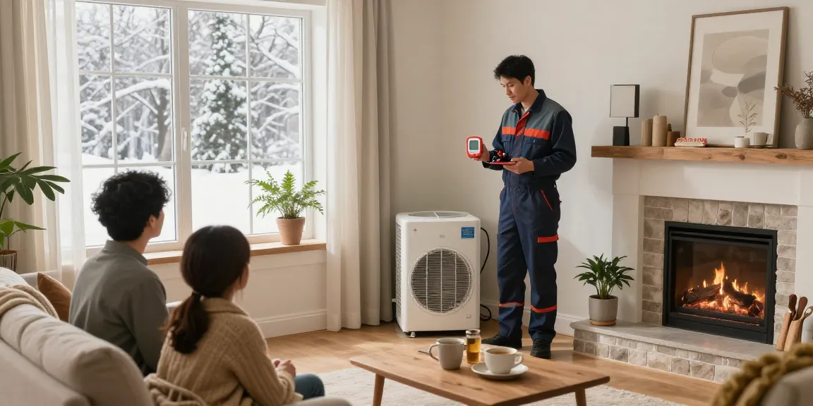 HVAC Stevens Point WI technician ensuring winter comfort for families by inspecting home heating systems in a cozy living room.