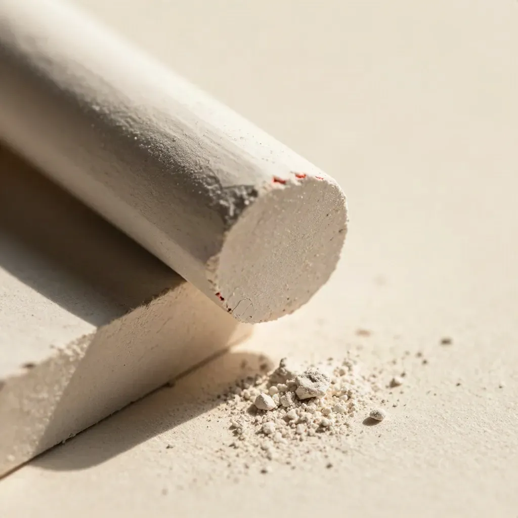 Macro of tailor's chalk blocks and holder on plaster with drifting dust and a subtle thread-red accent.