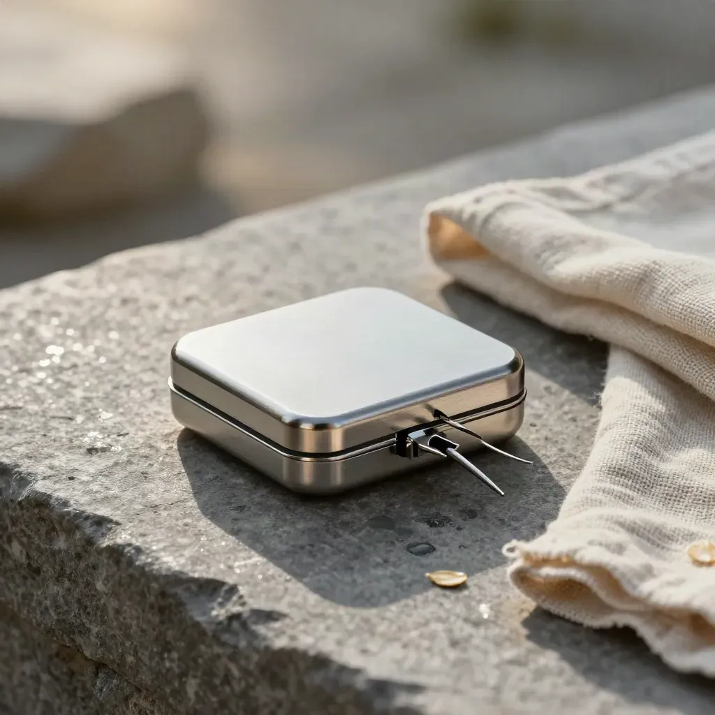 Silver machine needle case with loose tips on ash-grey stone and folded linen