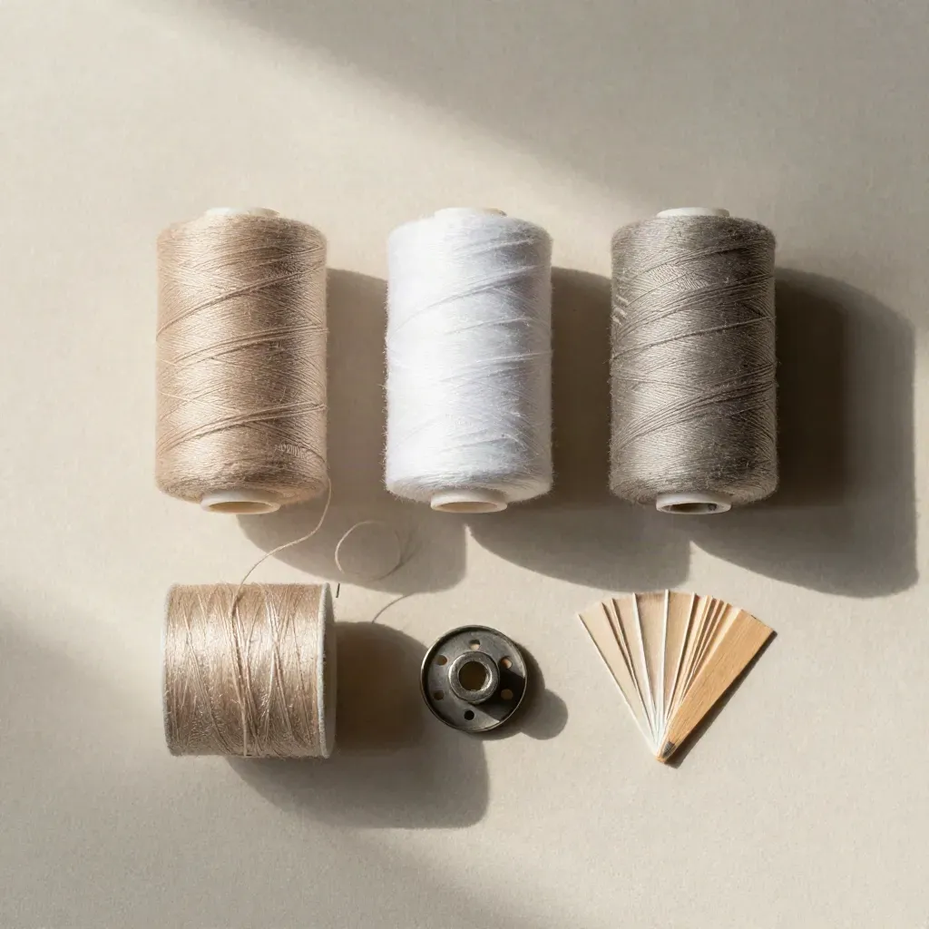 Overhead flatlay of muted thread spools, bobbin and thread snip on pale plaster.