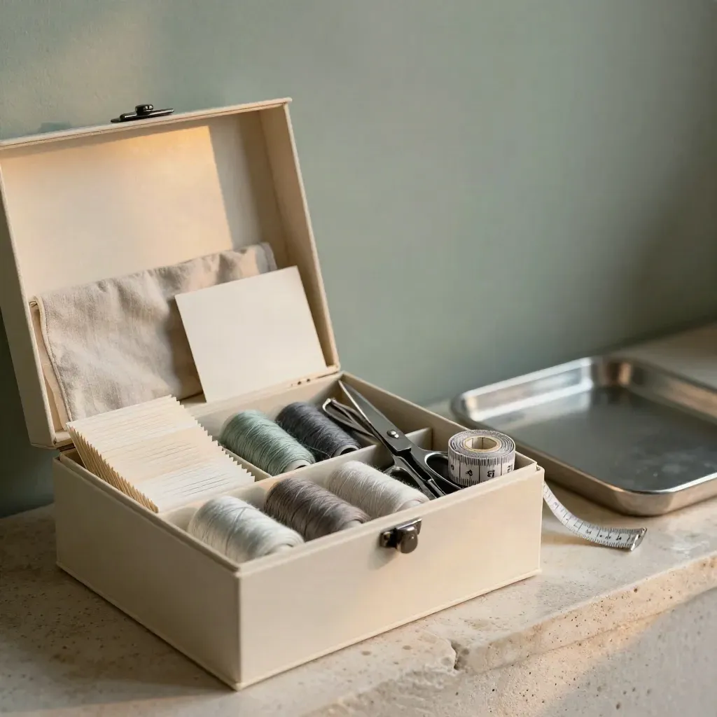 Open sewing starter box with thread spools, scissors, seam ripper and tape measure on damp stone.