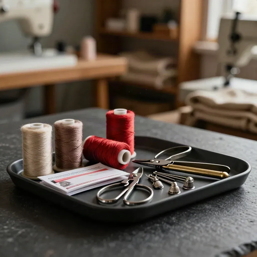 Thread spools, zips and sewing tools spilling from a tray on dark stone under dramatic light.