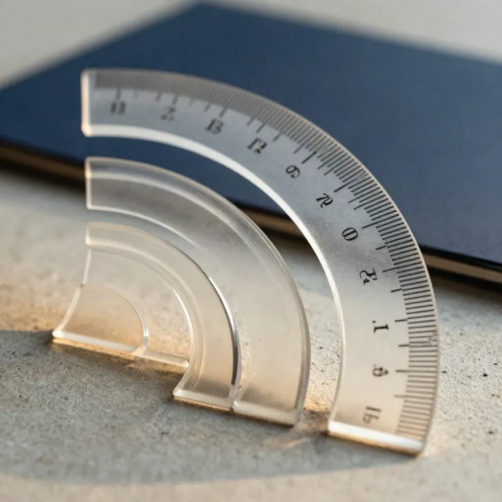 Translucent French curve rulers fanned on pale concrete with a blurred navy card behind.