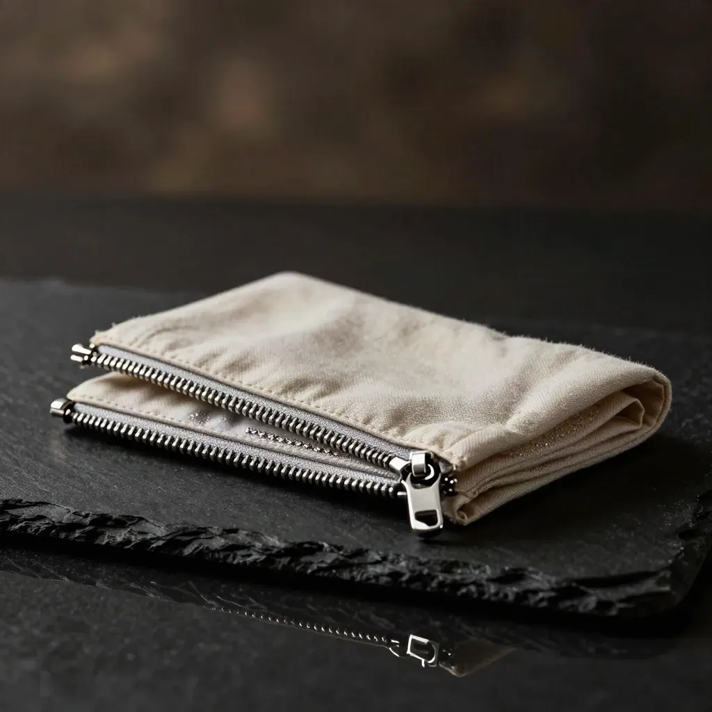 Unbranded dress zips pack on dark slate, one zip arcing forward in dramatic studio light.