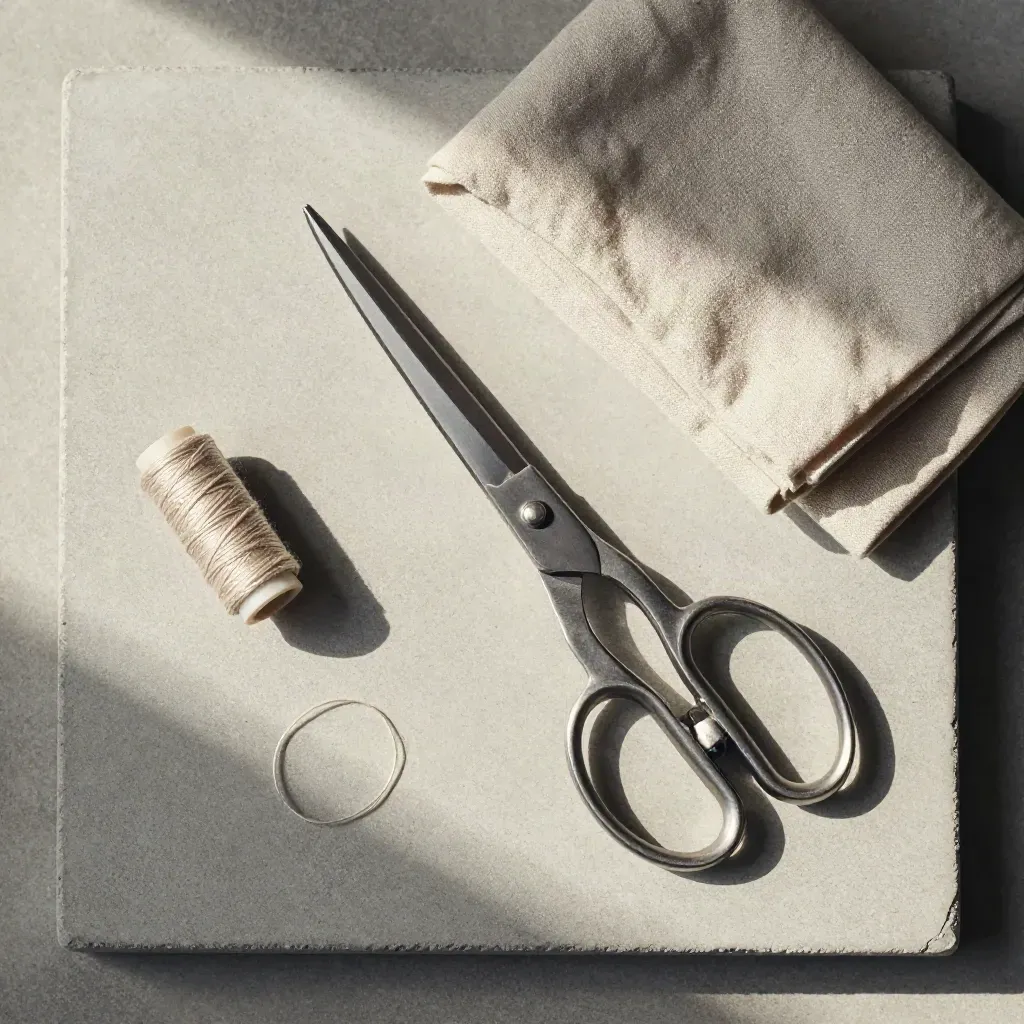 Overhead flatlay of dressmaker’s scissors beside linen cloth and thread spools