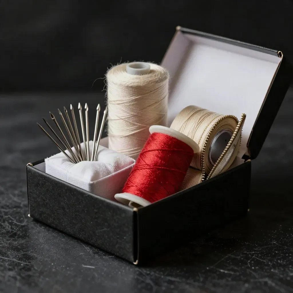 Open tailor’s tool box spilling needles, thread, zips, chalk and tape on dark stone.