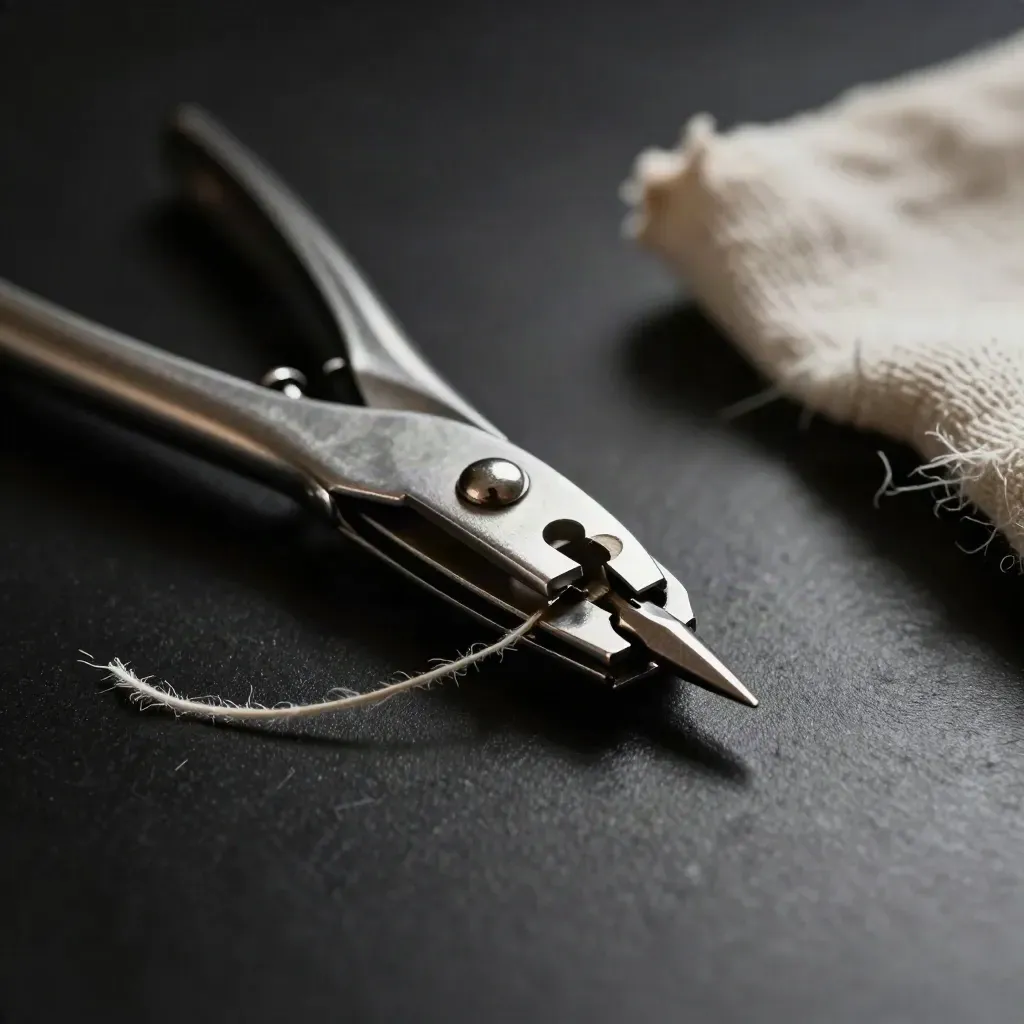 Metal seam ripper with cap off beside thread loops and a tiny cloth scrap on a dark studio surface.