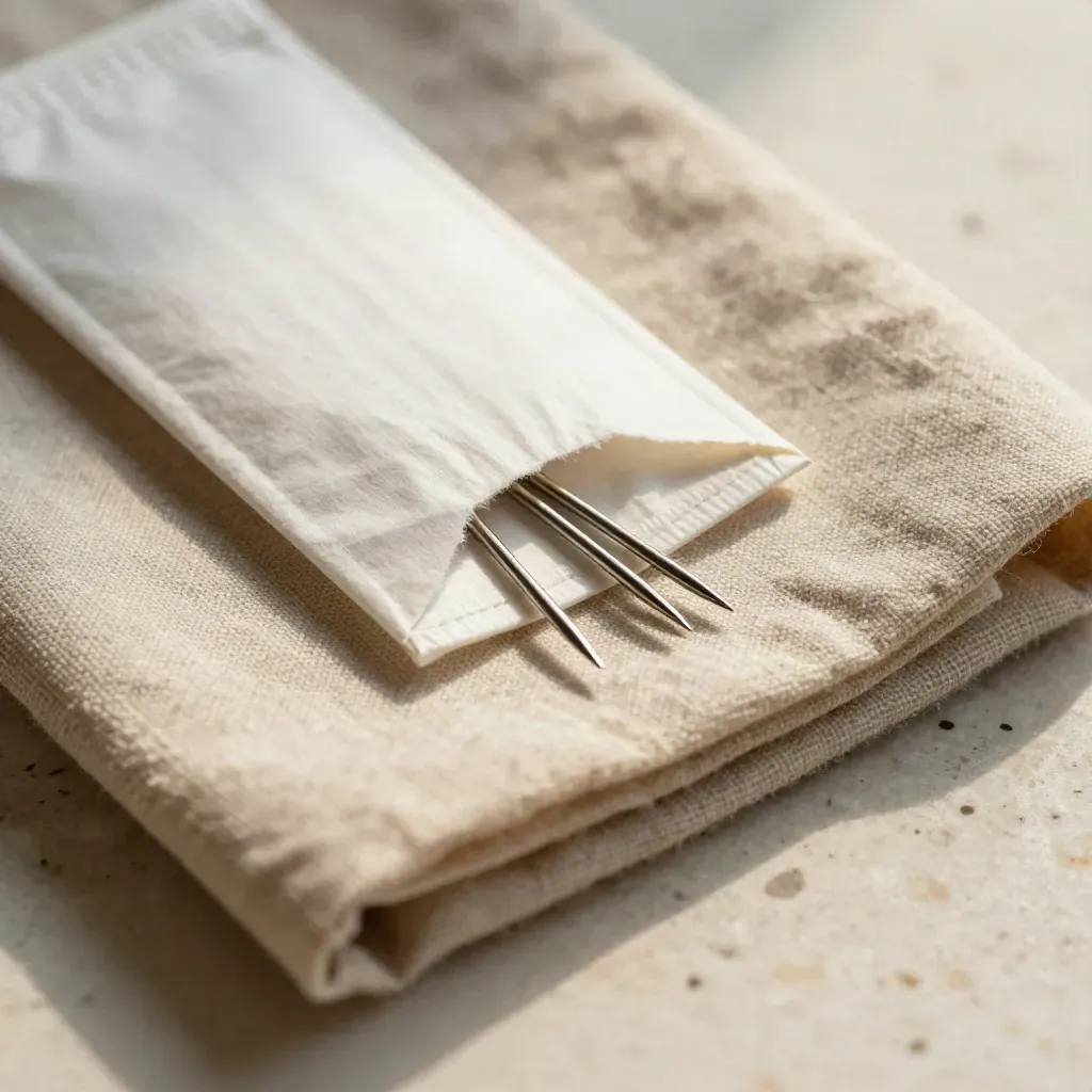 Opened quilting needle packet on linen with a few loose steel needles in soft side light.