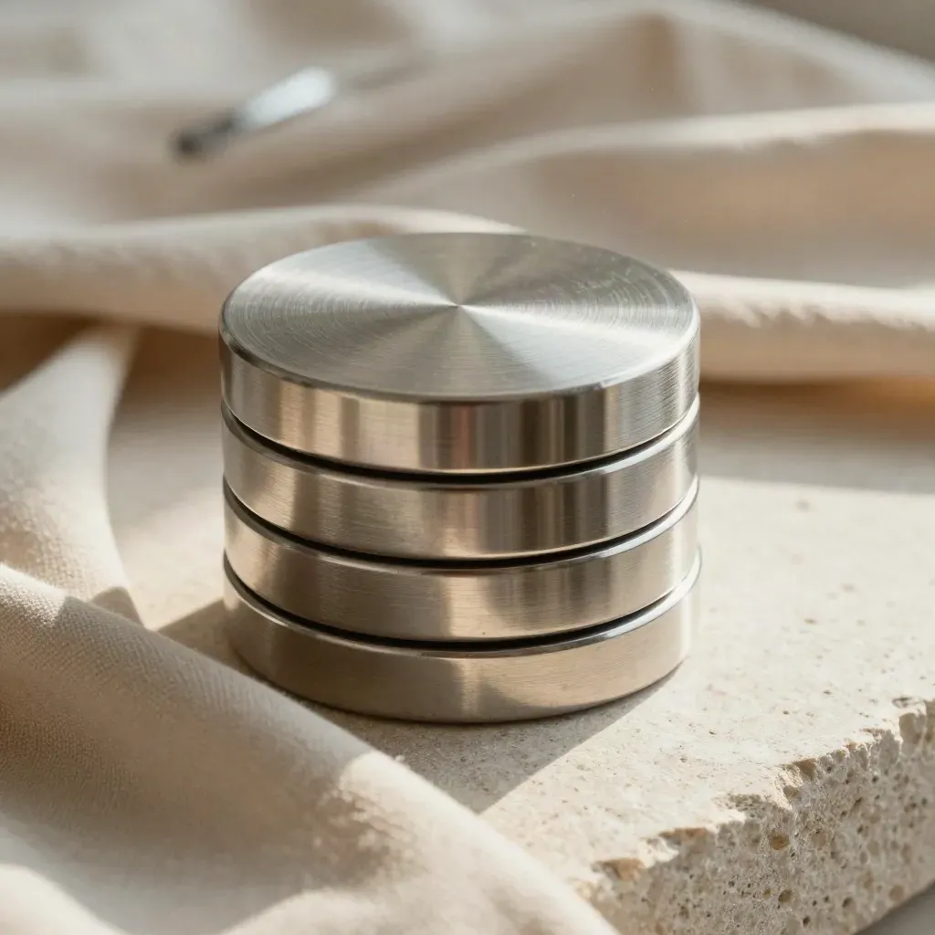 Stacked metal pattern weights on muslin and stone, lit by hard upper-left light