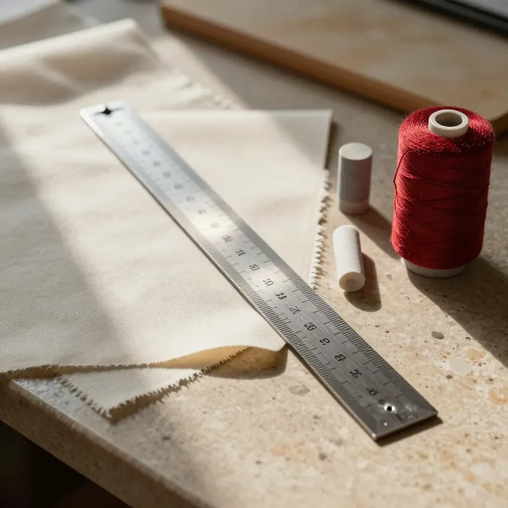 Hem gauge ruler beside folded hem fabric and chalk on a limestone sewing worktable.