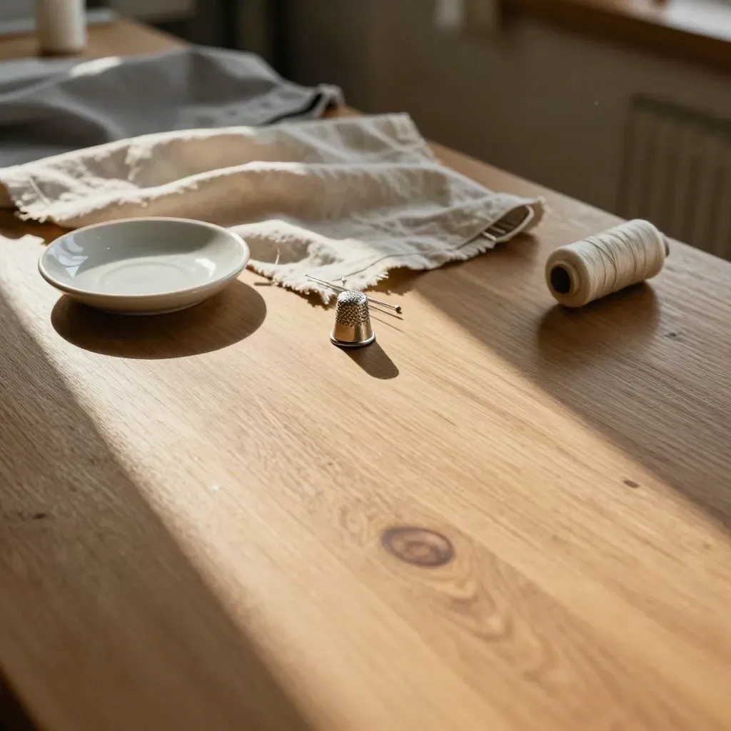 Sunlit oak sewing worktable with pin dish, linen swatch, thimble and pins in a calm interior.