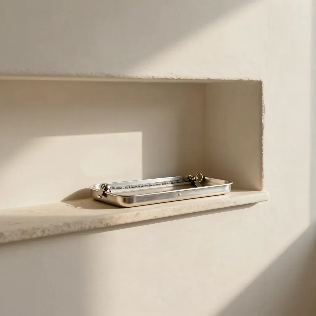 Plaster niche with silver zips and fasteners, sunlight, calm copy space below