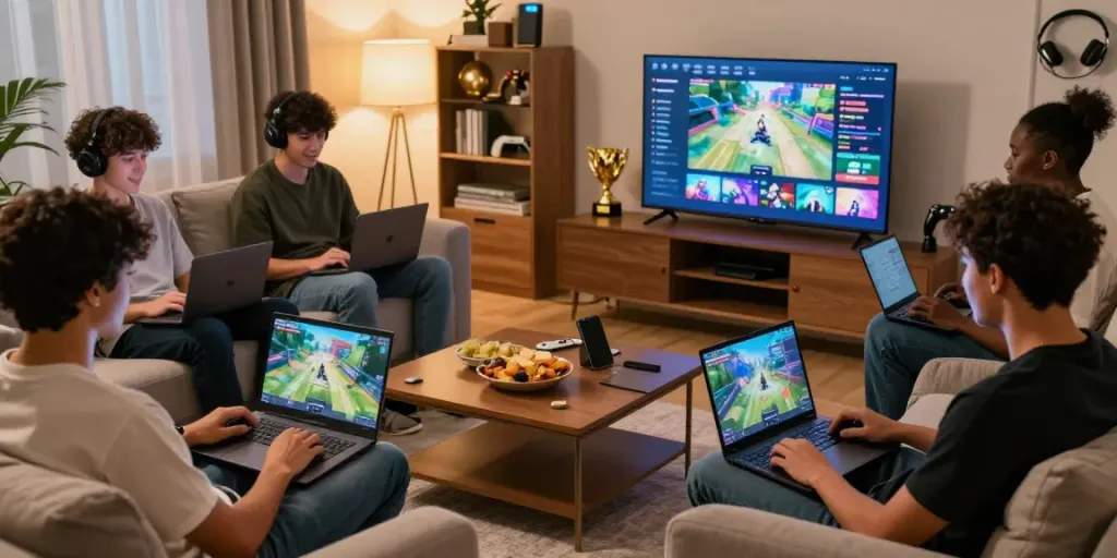Engaged players at home enjoying a gaming experience through http://11bet-app.net/ on laptops and mobile devices.