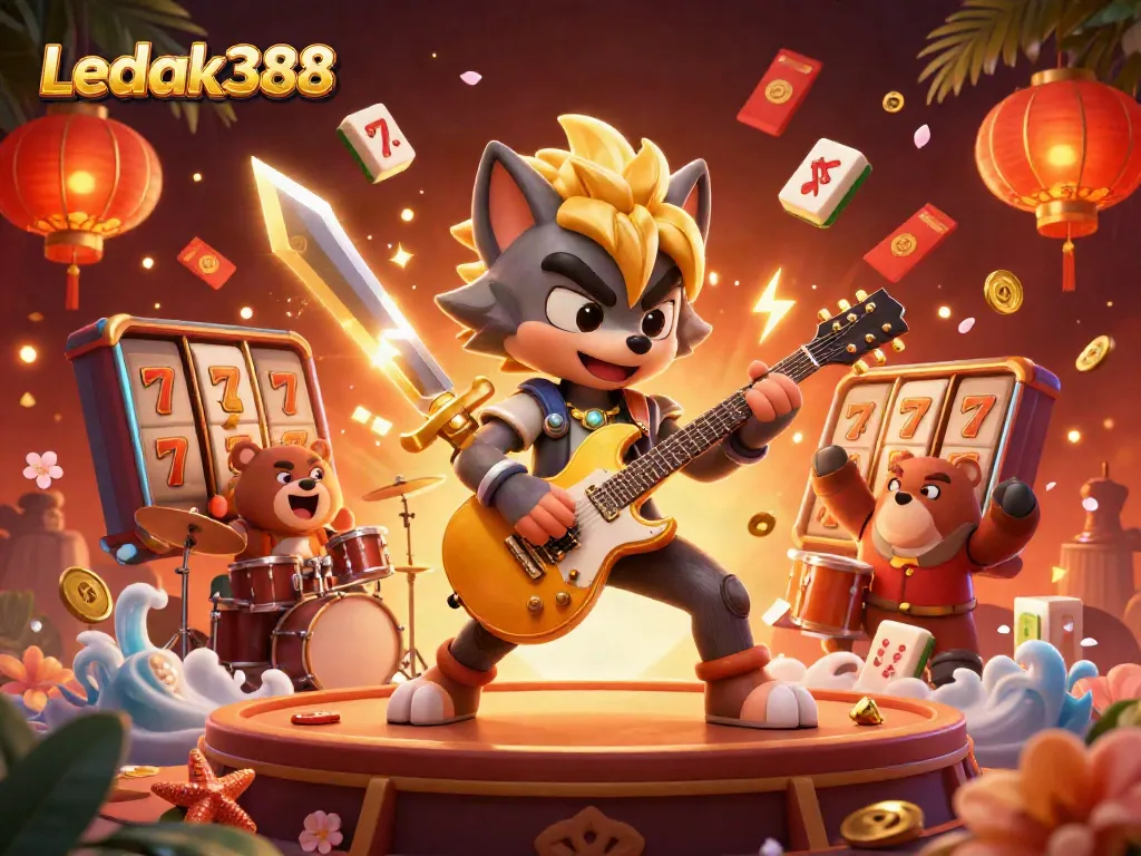 Experience the dynamic excitement of Ledak388 with a rock star wolf and casino themed elements.
