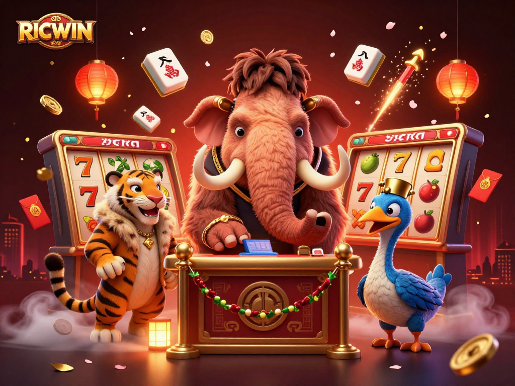 Experience the world of RICWIN with a dynamic casino scene featuring a woolly mammoth bouncer, saber-tooth tiger guest, and vibrant game elements.