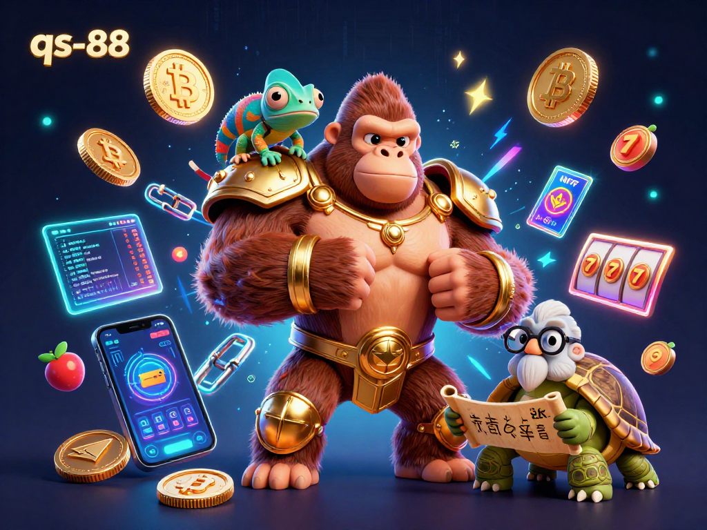 qs-88 showcases an energetic 3D scene with a gorilla king amidst vibrant gambling elements.