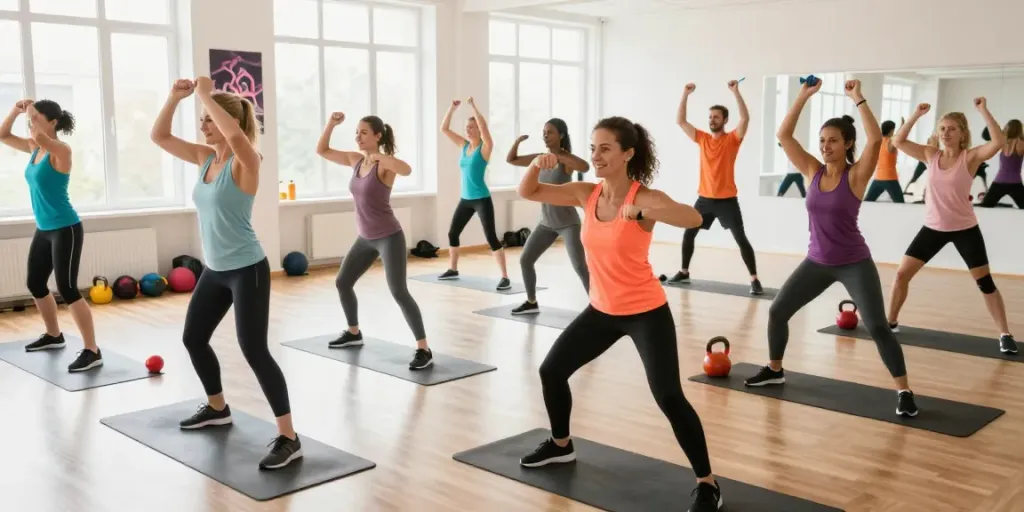 Dynamic group workout scene showcasing active individuals engaged in high-energy exercises in a bright fitness studio.