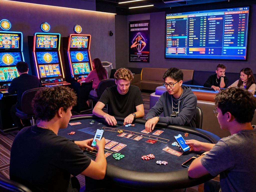 Exciting crypto casino gaming scene with players at digital tables, vibrant ambiance.