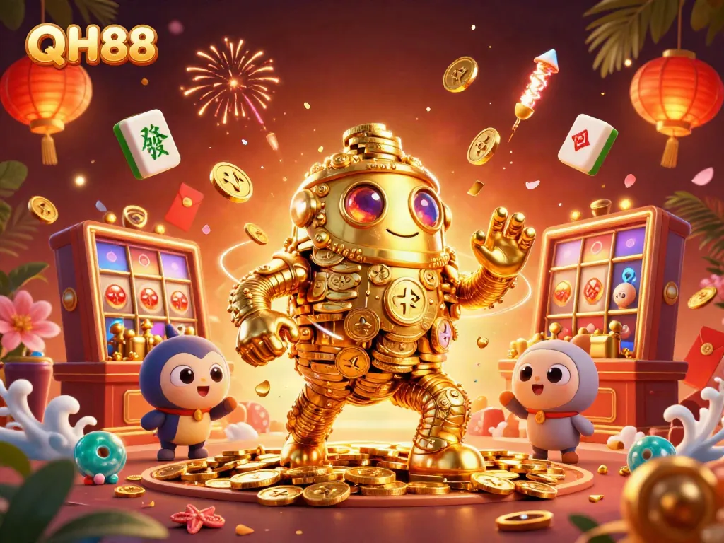 Experience thrilling gameplay at QH88 with a golden golem and vibrant casino elements.