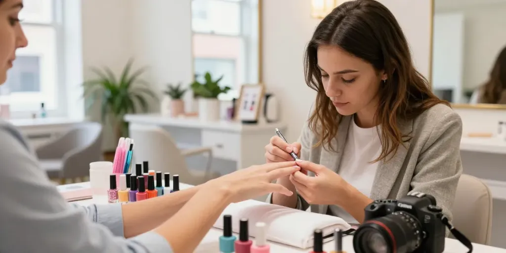 Expert nail technician applying BIAB Nails in a bright, welcoming Colchester salon, showcasing colorful nail products.
