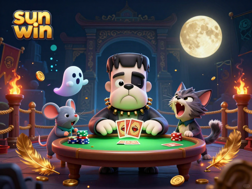 Engage in thrilling card games with sun win at a spooky casino scene featuring vibrant characters.