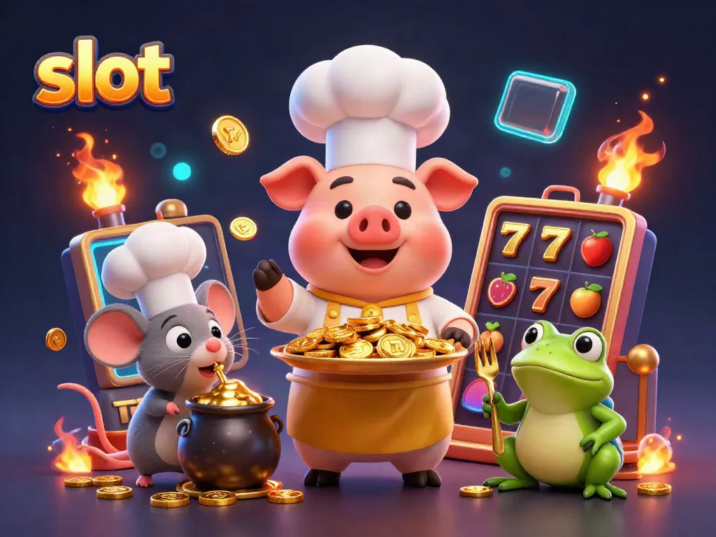 Experience thrilling slot gameplay with a charming chef pig serving golden coins and vibrant symbols.