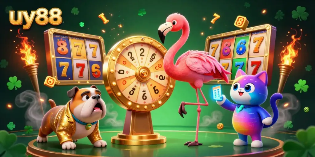 Engage in the excitement of uy88 with a vibrant game show atmosphere featuring a flamingo host and an excited bulldog contestant.