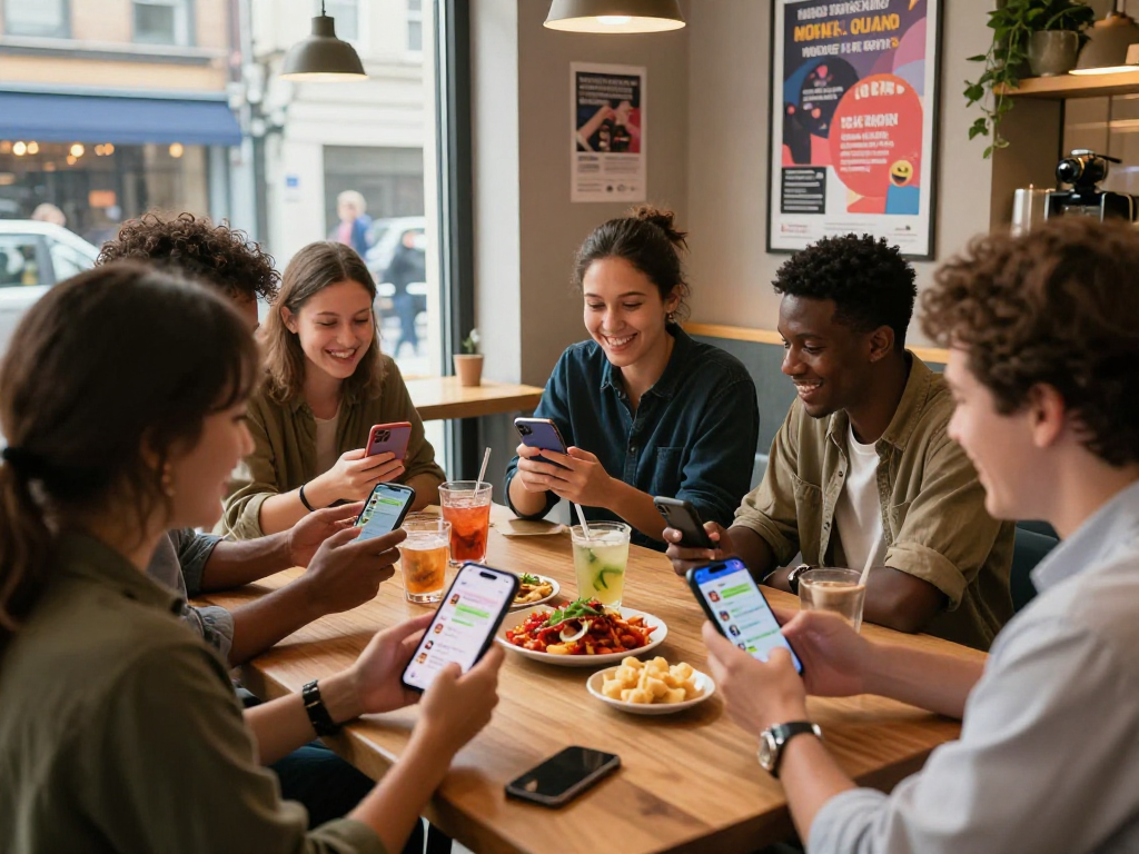 Engaging café scene depicting young adults enjoying spicy chat apps while sharing laughs and drinks.