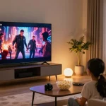 Family enjoying a movie on an OLED TV 2026 in a modern living room.