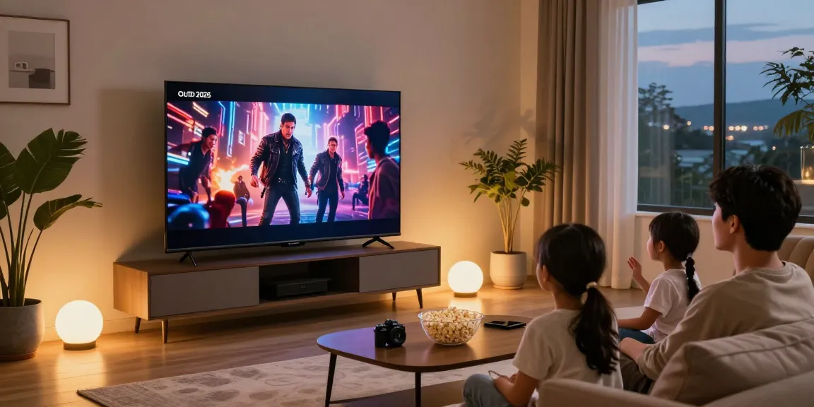 Family enjoying a movie on an OLED TV 2026 in a modern living room.
