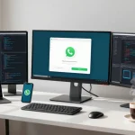 WhatsApp下載 technology workspace showcasing a professional coding environment with modern gadgets.