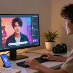 Engaging AI NSFW chat interaction in a cozy modern setting with a user and vibrant character visuals.