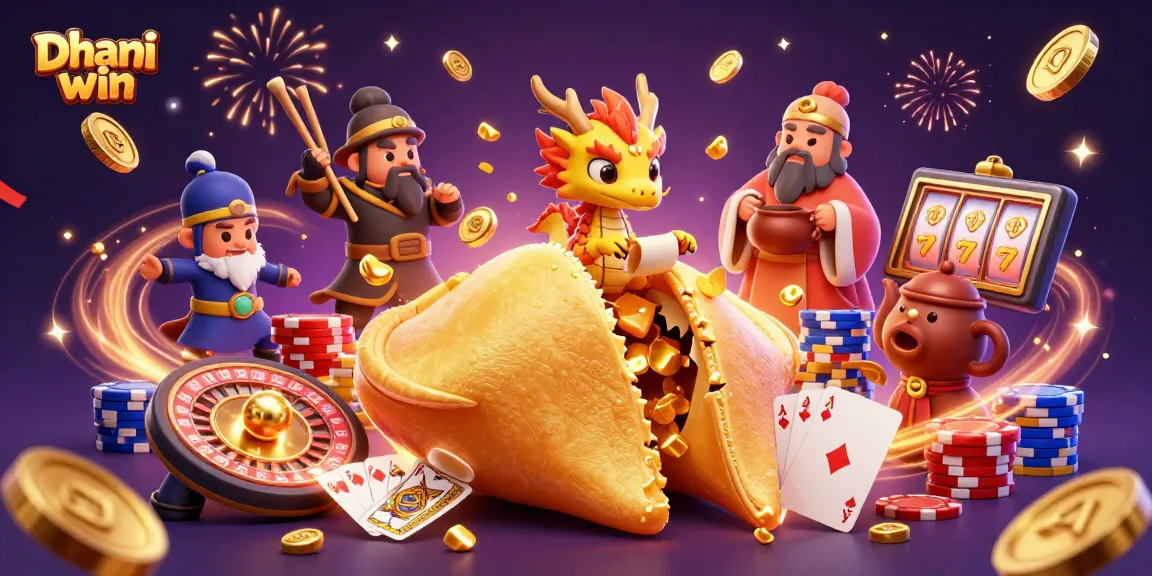 Dhani win showcases a vibrant 3D fantasy casino illustration with golden coins, dragon, and dynamic gaming elements.