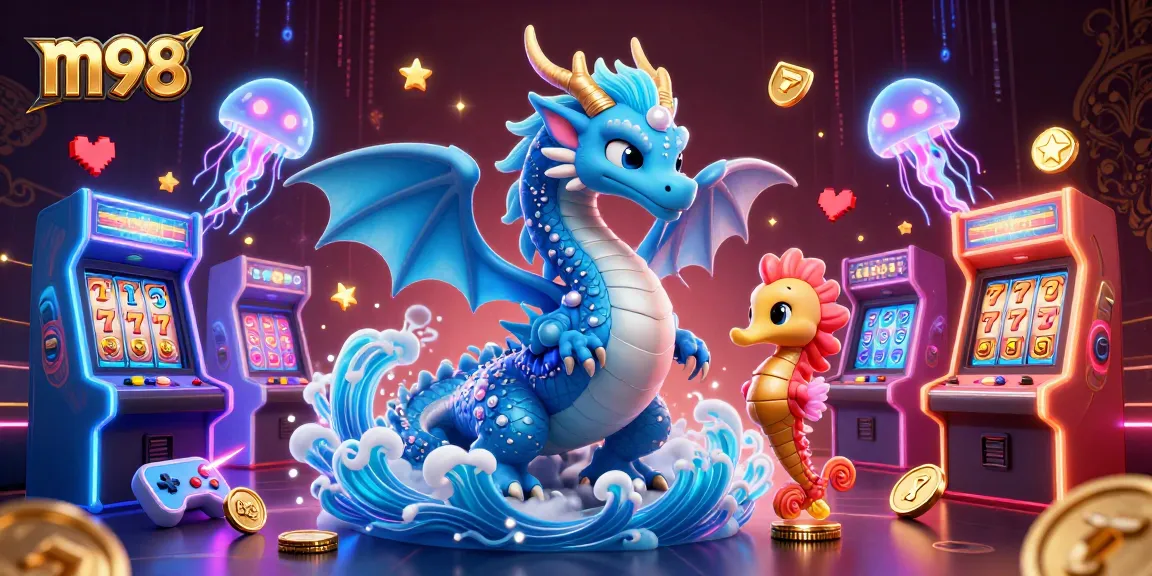 Experience thrilling m98 casino excitement with a vibrant 3D dragon and arcade gaming elements.