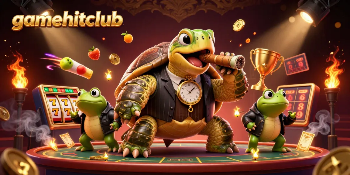 Engage in exciting gaming experiences at gamehitclub with a vibrant casino scene featuring a snapping turtle and bullfrogs.