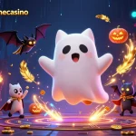 A friendly ghost cat in a haunted casino, showcasing the excitement of australianonlinecasino with vibrant colors and dynamic game elements.