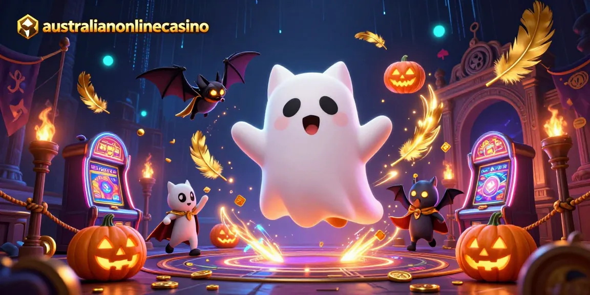 A friendly ghost cat in a haunted casino, showcasing the excitement of australianonlinecasino with vibrant colors and dynamic game elements.