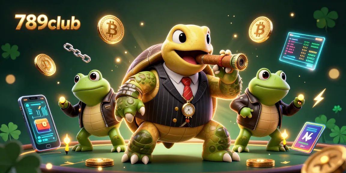 Experience the thrill of 789club with a cartoon turtle in a casino scene, featuring crypto elements and vibrant energy.