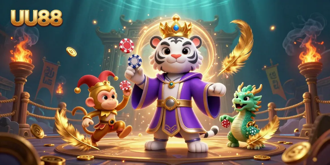 Experience thrilling play at UU88 with a vibrant 3D casino scene showcasing a regal tiger and playful characters.
