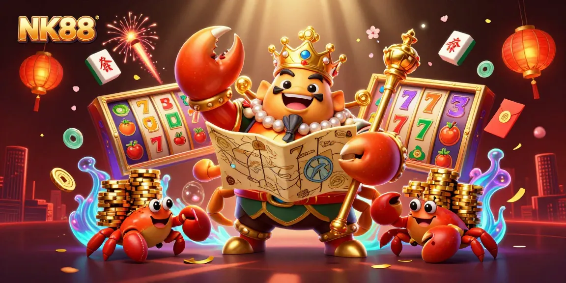 Watch NK88's golden crab emperor rule the casino realm with vibrant games and treasures